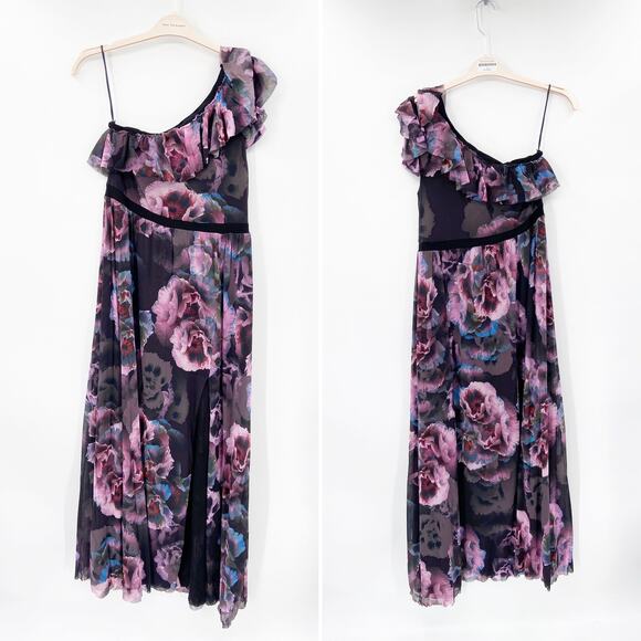 Fuzzi Black Purple Floral Printed Tulle One Shoulder Gown Size XXL - Picture 3 of 6